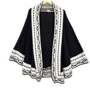 Crown & Ivy Black Cream Cape Poncho Knit Long Open Cardigan Sweater One Size